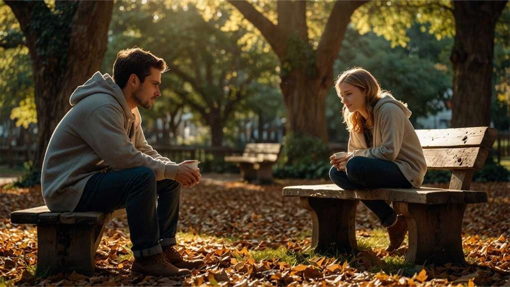 Emily sitting on the bench, wearing simple jeans and a light sweater, looking down) and Ryan (standing a few steps away, wearing c sual chinos and a hoodie, concern in his eyes)