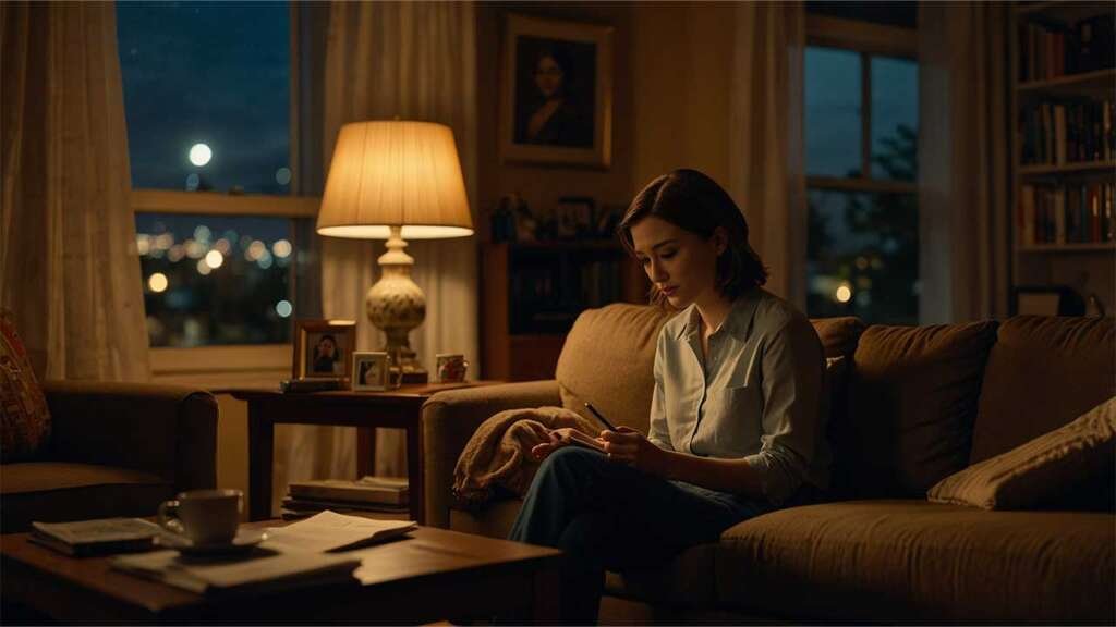 Emily sitting on a couch, phone in hand, expression thoughtful