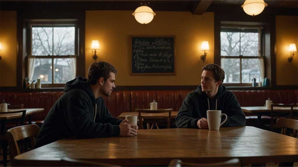 Michael Ryan (sitting next to him, hand on his shoulder), Emily across the table, slightly leaning forward