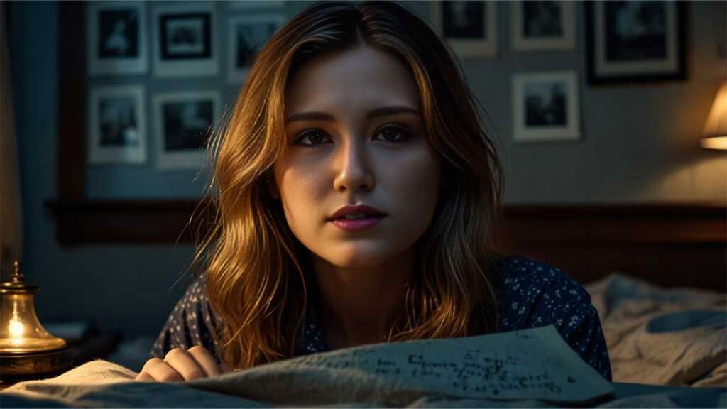 Emily sitting on the bed, reading an old letter, a slightly concerned expression
