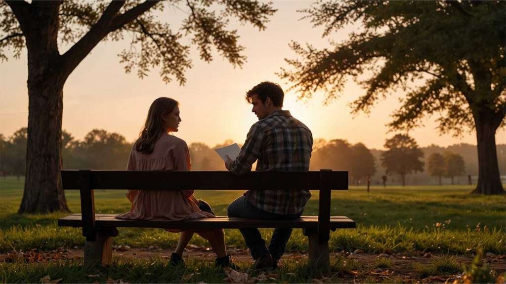 Emily and Ryan sitting on a bench, Emily showing him the old letter, Ryan looking at it with concern
