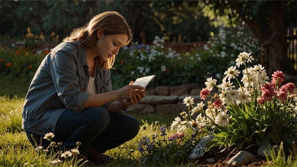 Emily (kneeling, placing flowers) and Ryan (standing behind her gently)