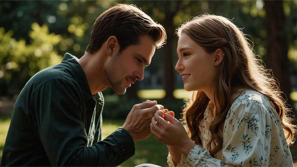 Ryan (holding Emily’s hands, looking into her eyes) and Emily (slightly teary, smiling)
