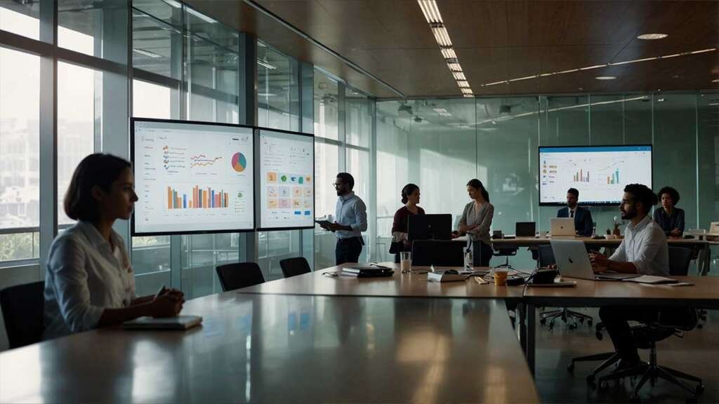 Vaishnavi standing confidently near a large digital screen, colleagues seated around a polished table.