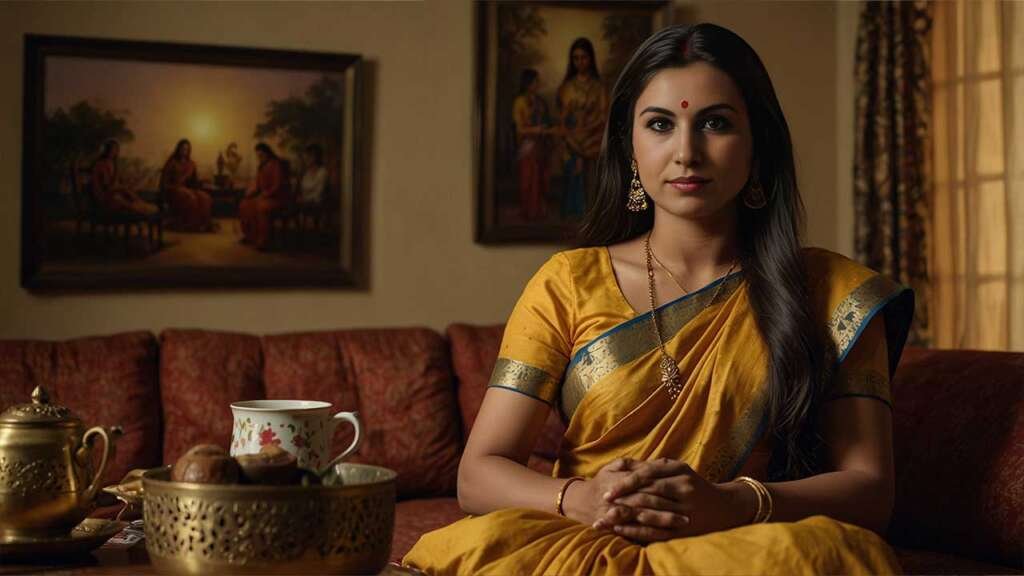 Sanjana (long straight hair, casual salwar) and her mother Padmavathi (traditional saree, worried expression) seated on a small sofa; A table with old-style tea cups in front, soft yellow glow from a ceiling fan light, a framed family photo on the wall behind them.