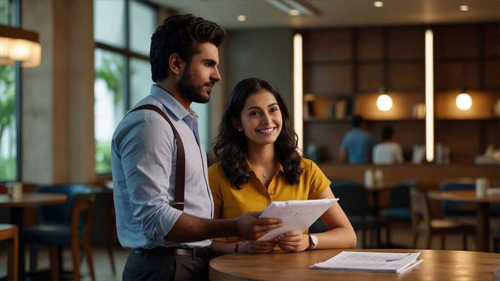Vaishnavi looking surprised, Rohith turning around with a gentle smile, Meghana Reddy seated with documents.