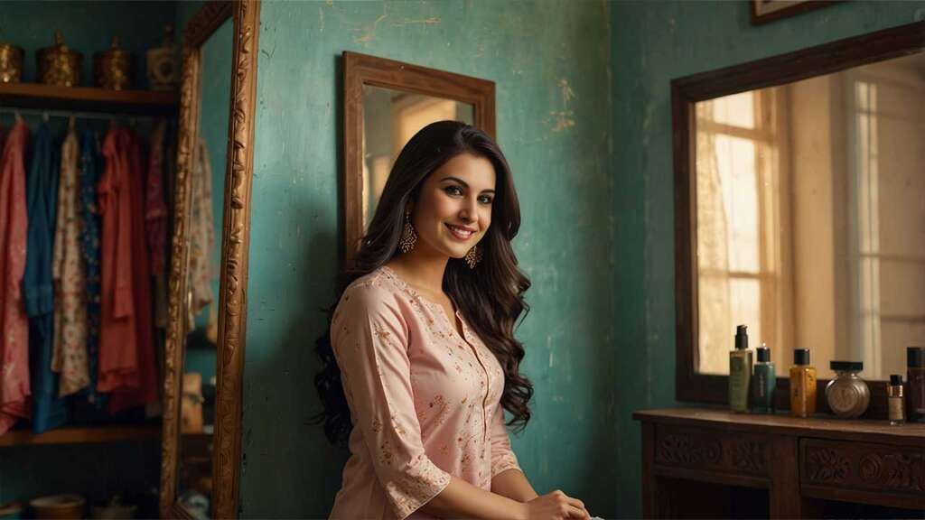Sanjana (salwar kameez, looking thoughtful) and Deepti (jeans and kurti, smiling) chatting near a large mirror; Soft sunray entering through a window, a few beauty products on a side table, a subtle reflection of both in the mirror.