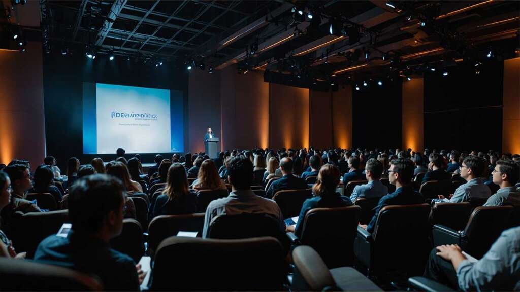 A large tech conference hall with a projector screen on stage.
