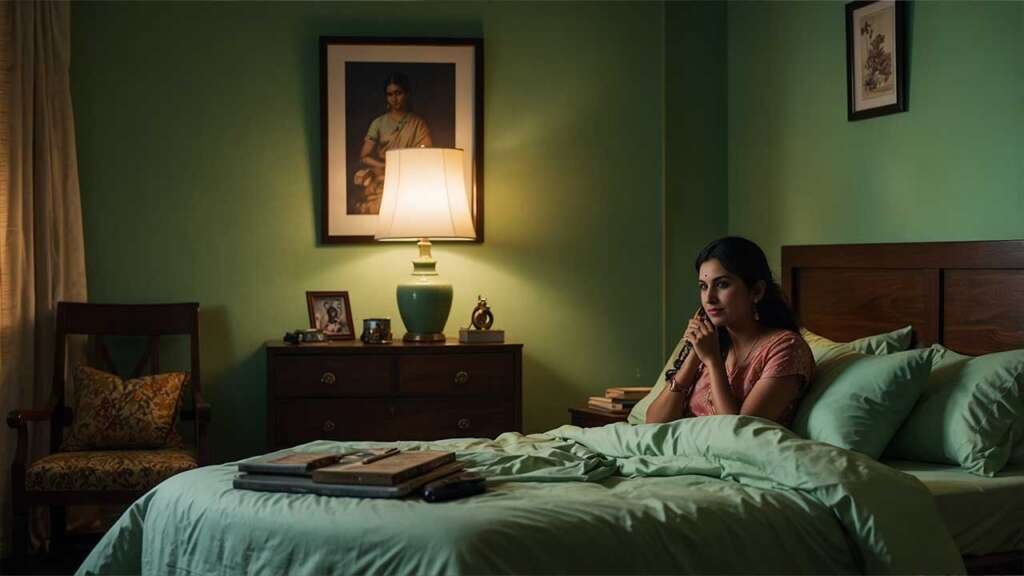 A simple Indian bedroom with pastel-green walls and a study table. Sanjana (in a comfortable night suit) sits on her bed, holding a phone to her ear, with a gentle smile on her face; Warm bedside lamp glow, a motivational poster on the wall, soft shadows.