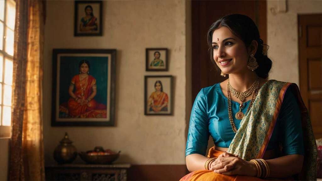 A living room with traditional Indian decor, Padmavathi (in a bright saree) showing a photograph to Sanjana (wearing a casual kurti and jeans).