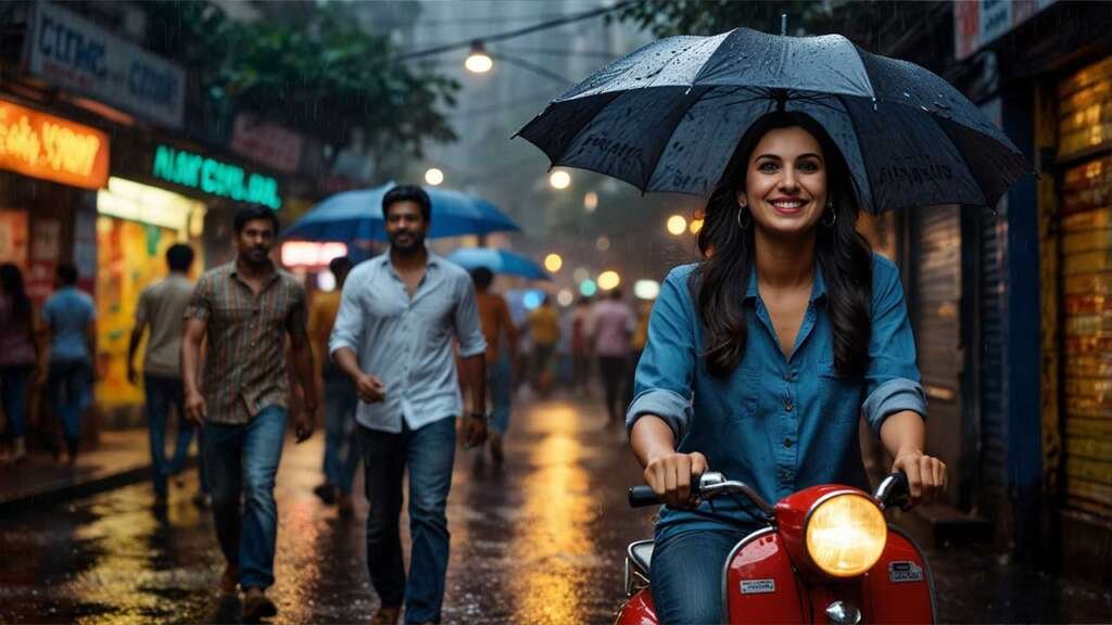 A vibrant Mumbai street scene with a light drizzle, auto-rickshaws and busy crowd. Sanjana (in a semi-formal outfit, holding an umbrella) walks beside Anil (in casual t-shirt and jeans),
