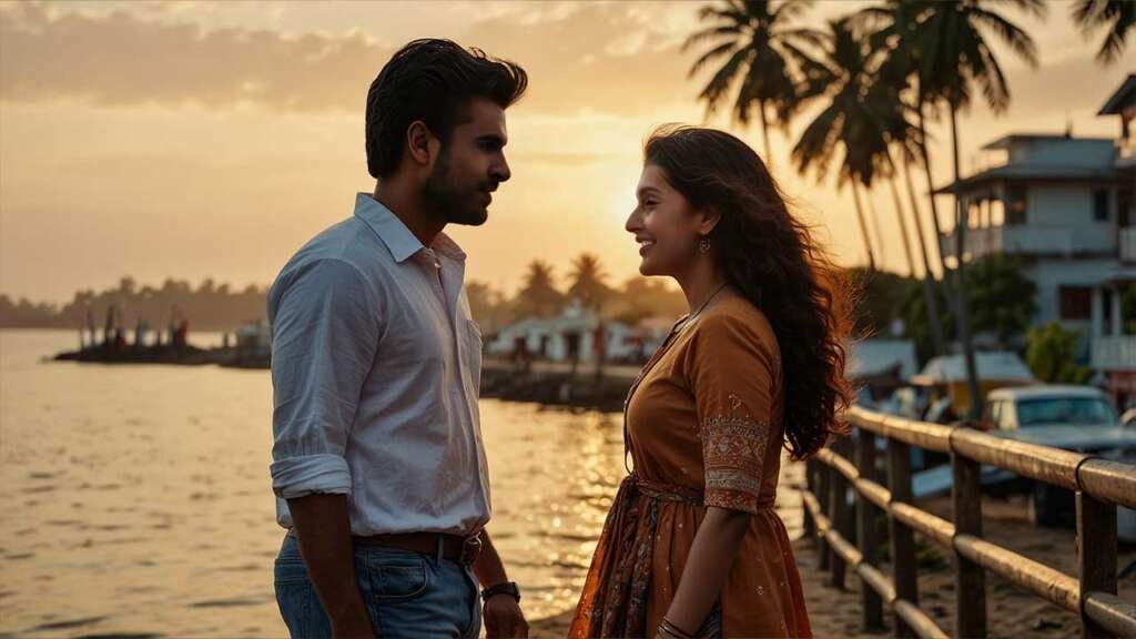 Vaishnavi and Rohith walking side by side, gentle smiles, occasional glances at each other.