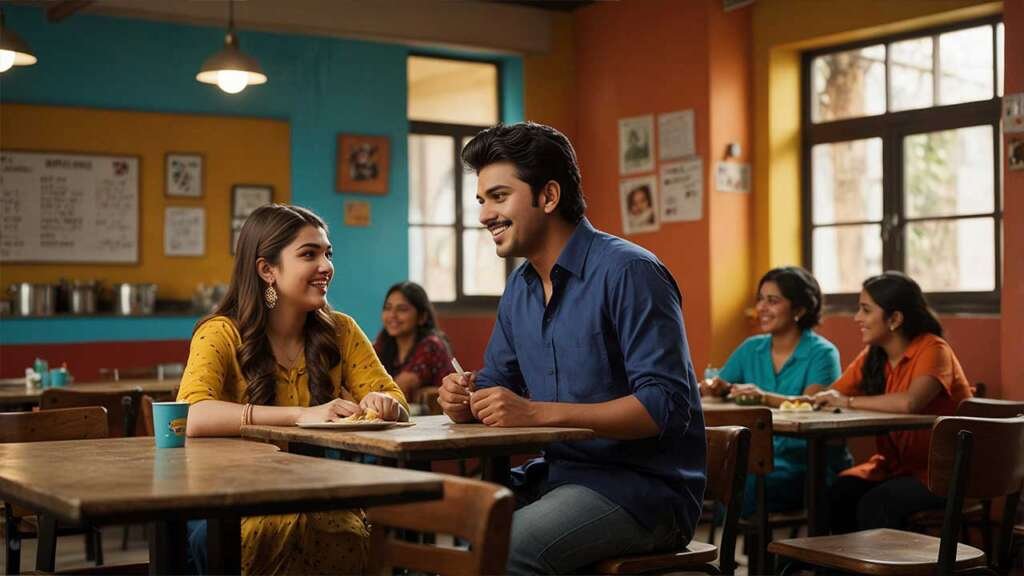 A small cafeteria table with Aniruddh and Hansika having lunch, both smiling.