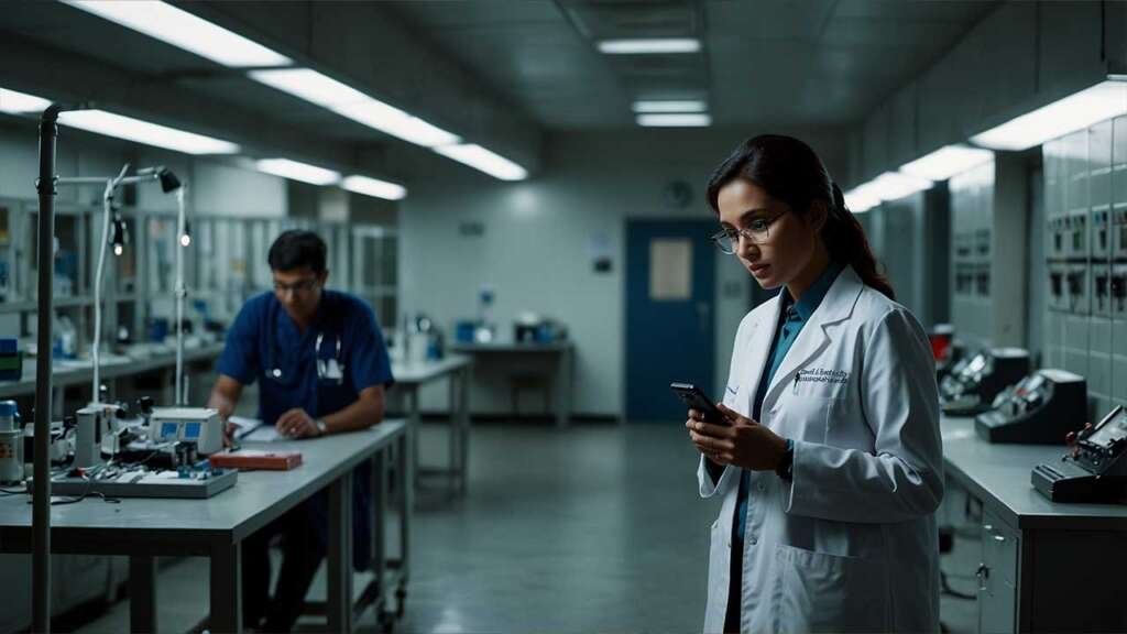 A small laboratory or testing facility corridor, white walls and clinical environment.