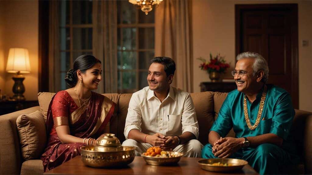 A cozy meeting in a traditional Indian home living room. Raghav’s parents (middle-aged couple, dressed neatly) sitting on a sofa
