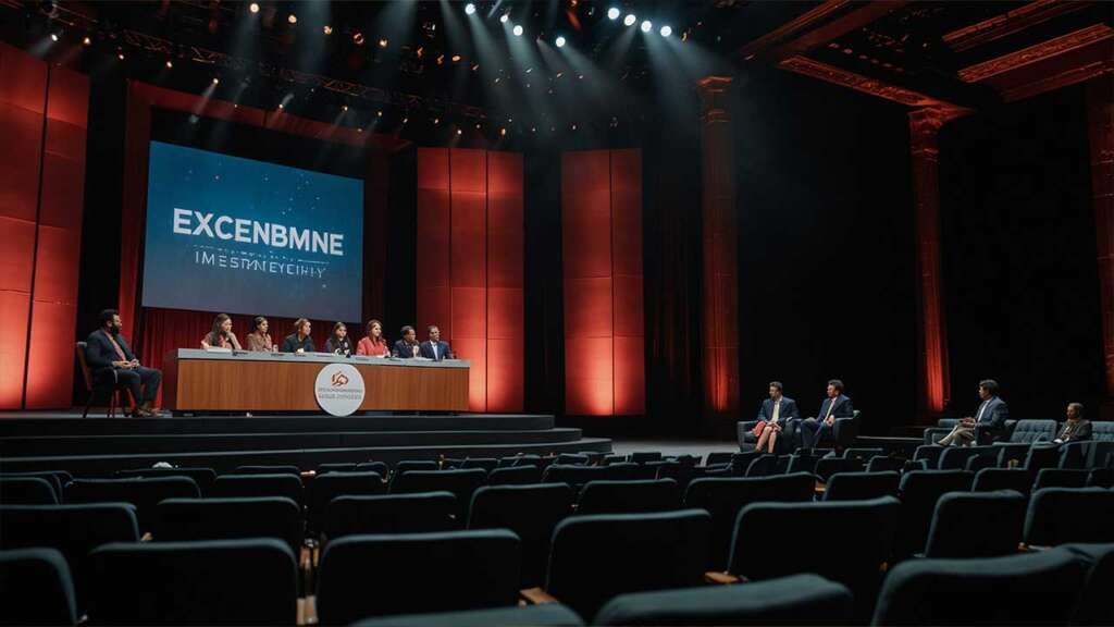 A grand auditorium stage with a large LED screen behind
