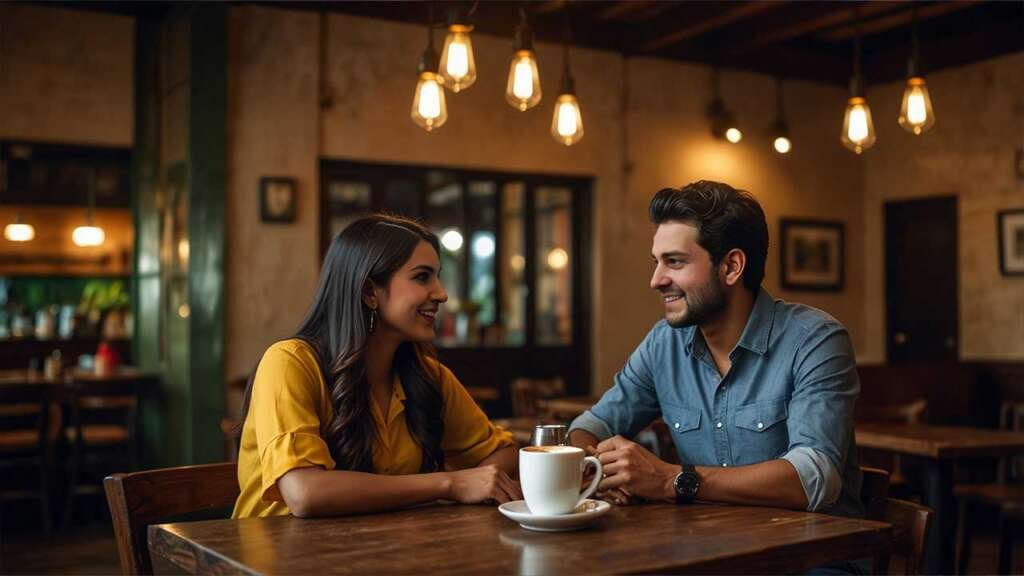 A modern Mumbai café with rustic wooden tables. Raghav (smart casual shirt) and Sanjana (chic western attire