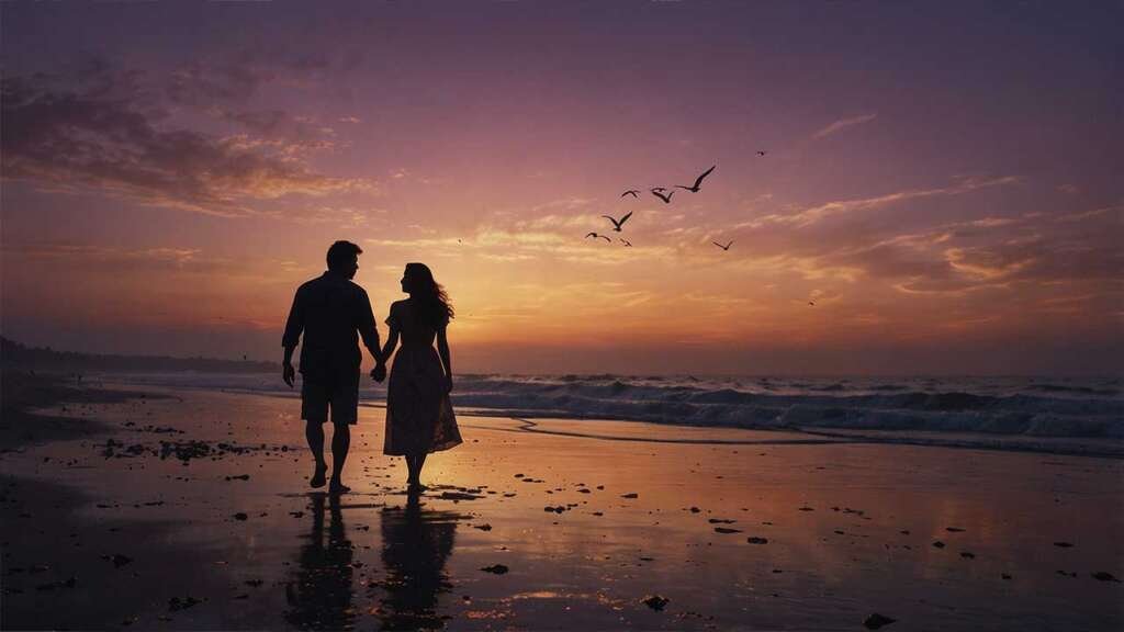 Aniruddh and Hansika standing close, looking into each other’s eyes, holding hands.