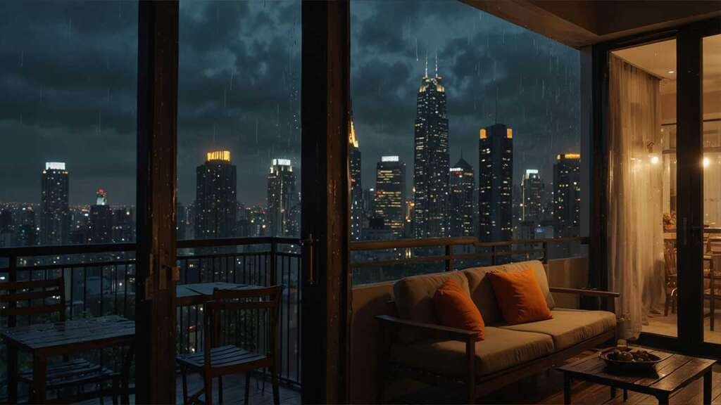 A small apartment balcony at dusk, with a gentle drizzle falling.