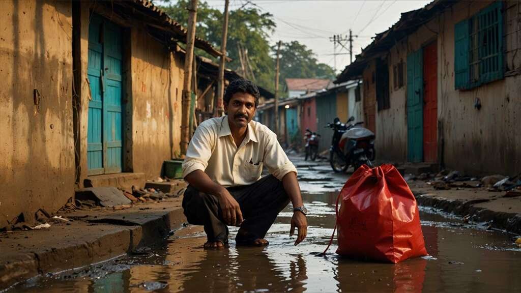 o RAVIKIRAN crouching near a red bag