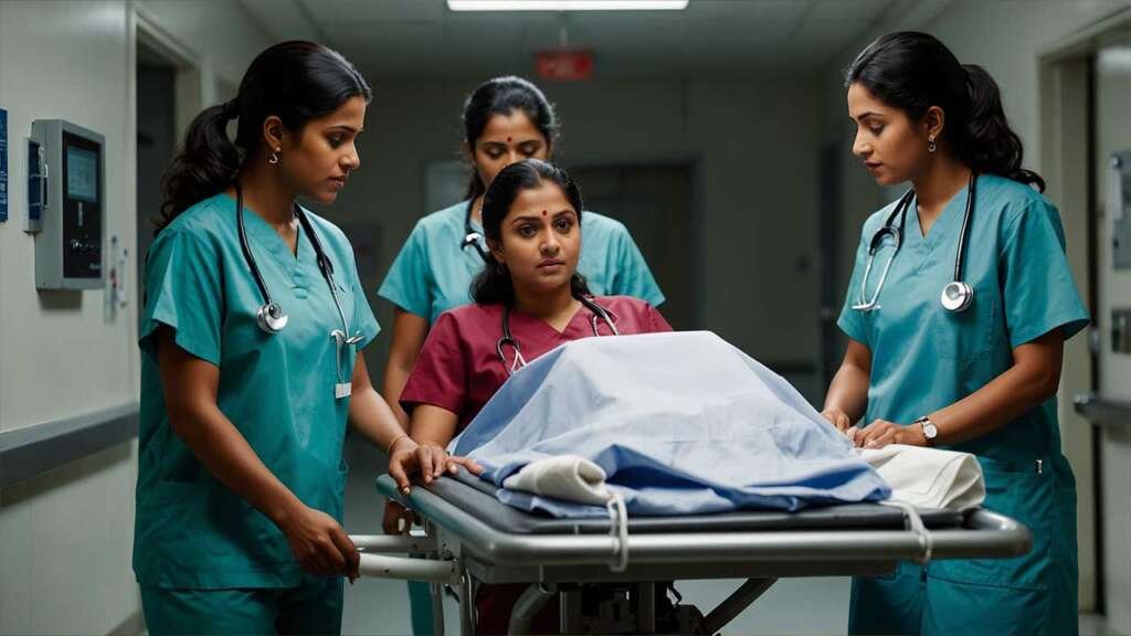 o BHAVANA lying on a stretcher being wheeled in by a nurse, HEMA walking beside them in tears, RAVIKIRAN and SHASHI close behind.
